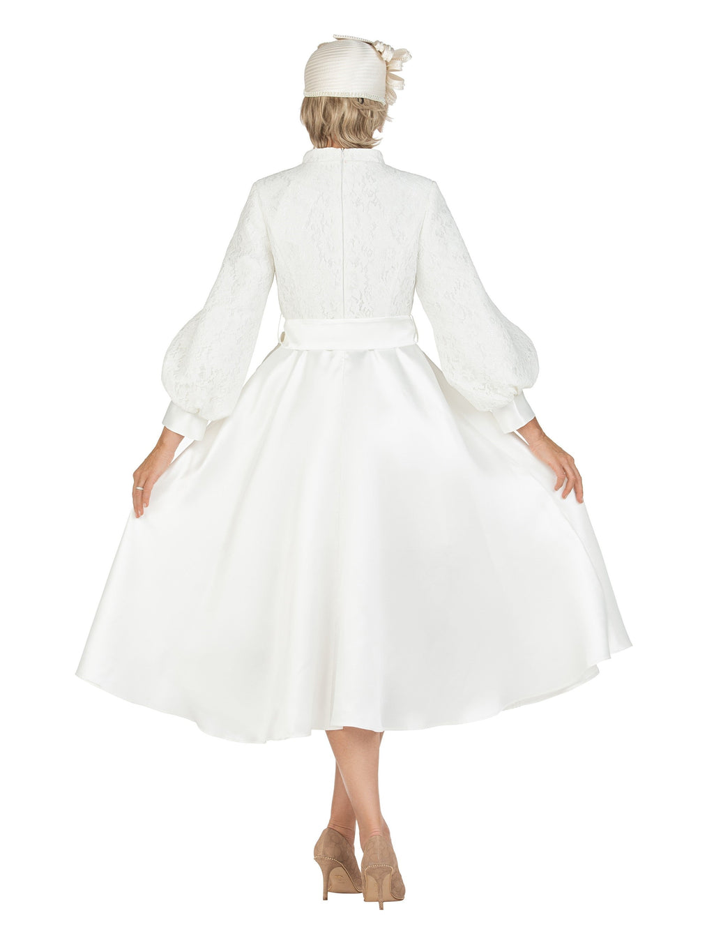 Balloon Slv Lace&Silky Twill A-line Drs w/ Belt