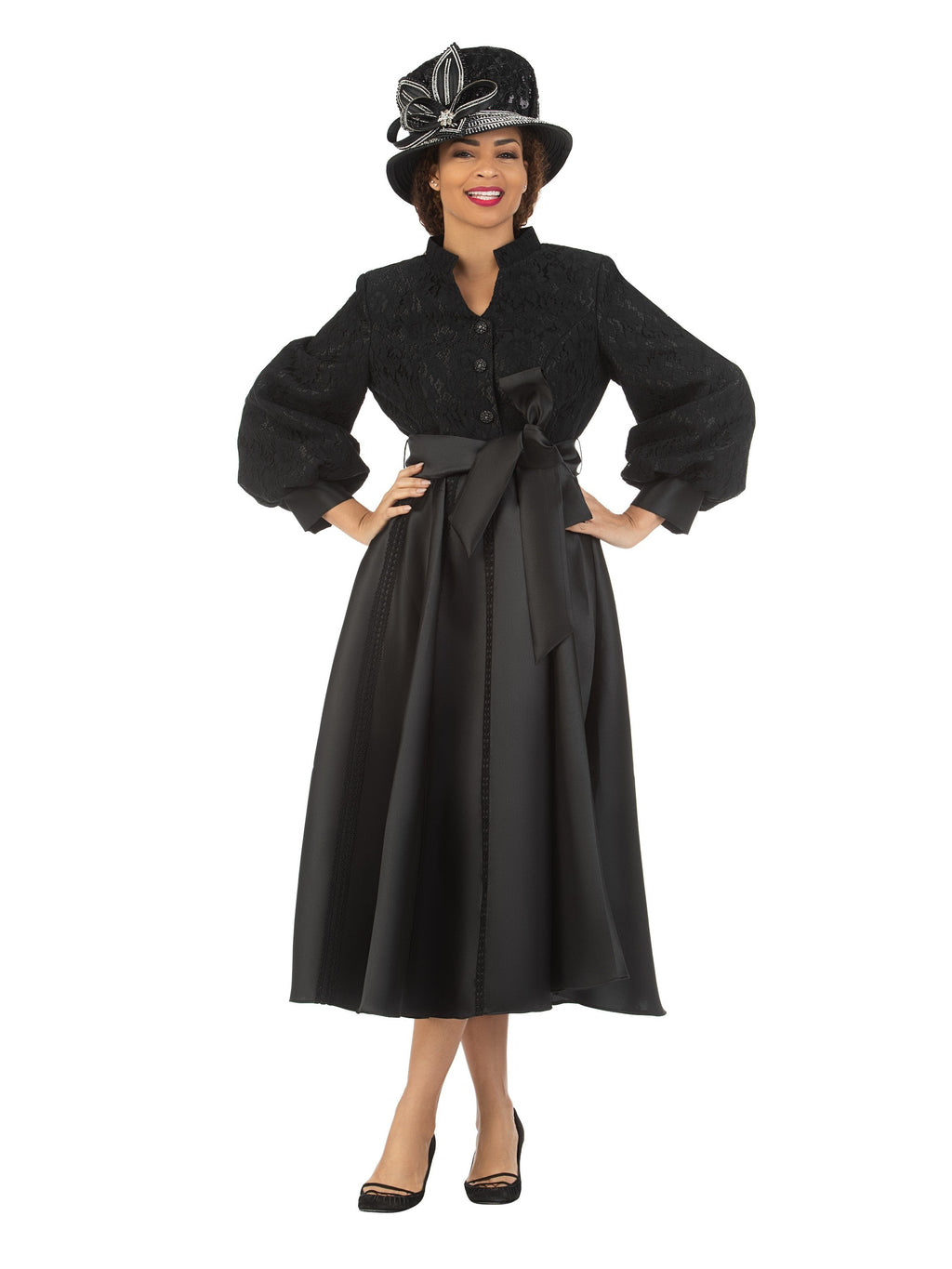Balloon Slv Lace&Silky Twill A-line Drs w/ Belt