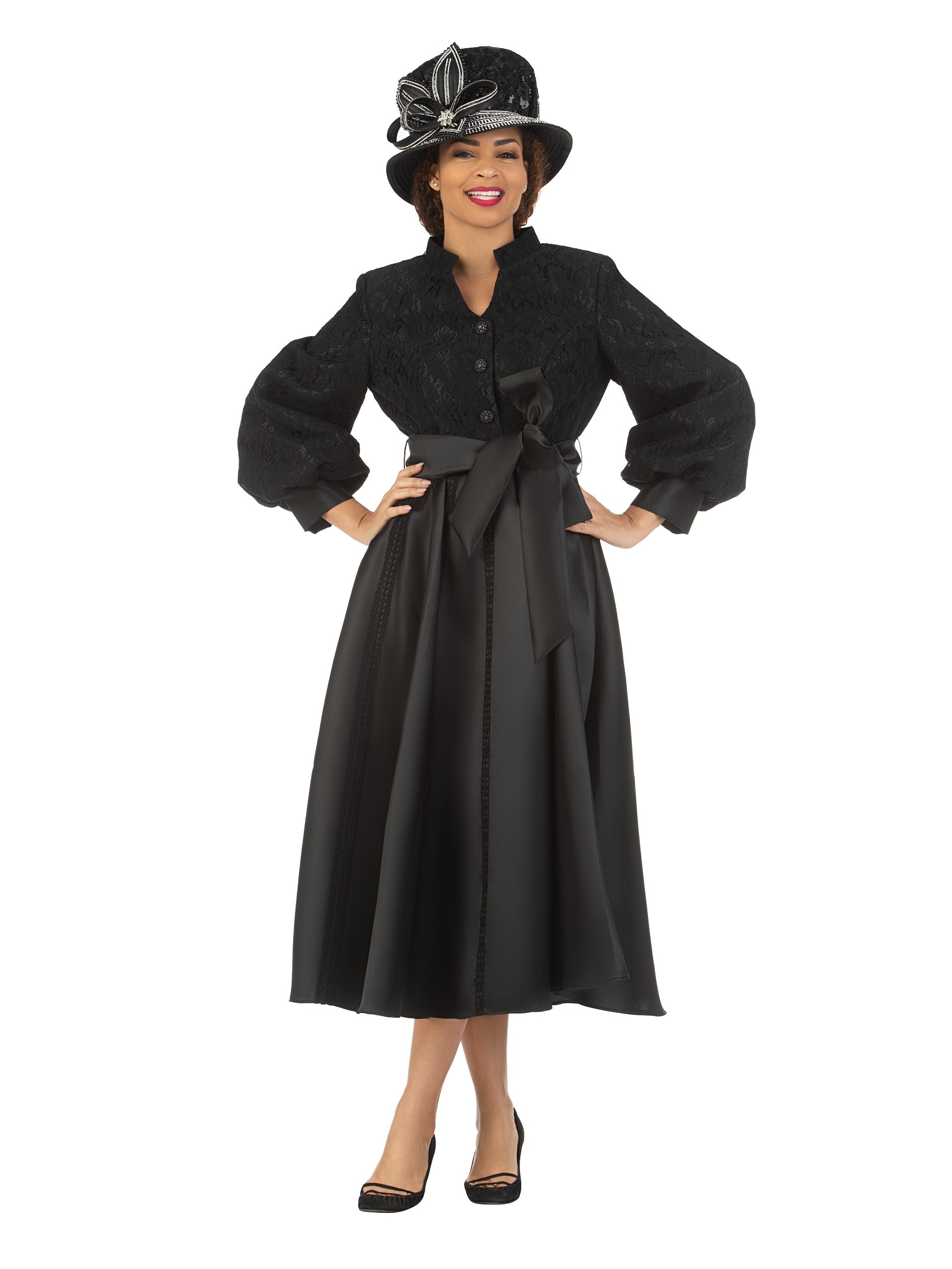 Balloon Slv Lace&Silky Twill A-line Drs w/ Belt