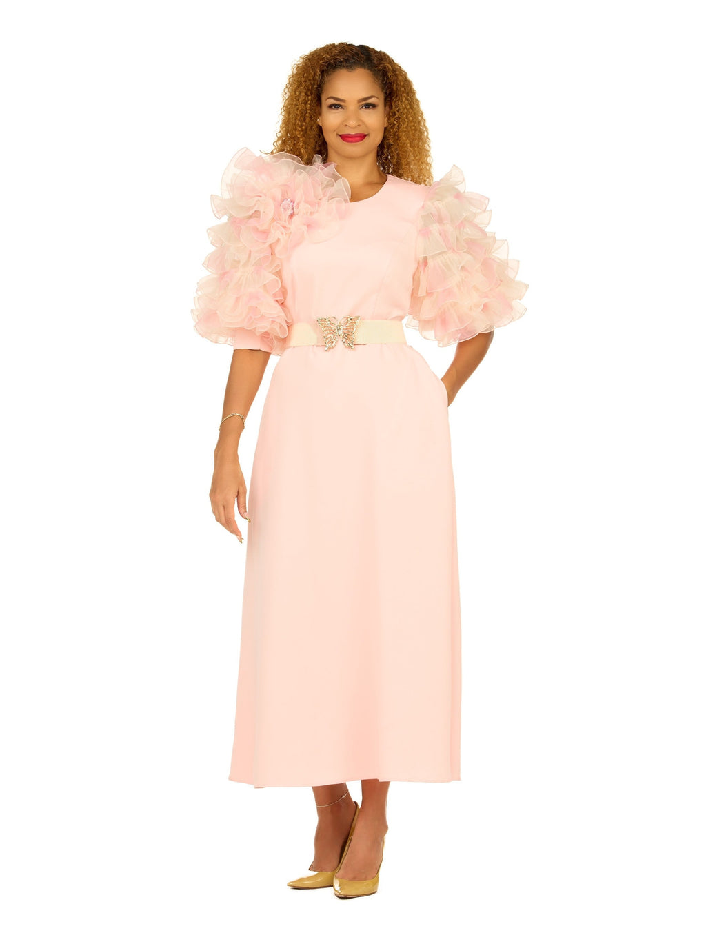 Giovanna Ruffle Puff Sleeve Maxi Dress with Butterfly Belt, Style D1677