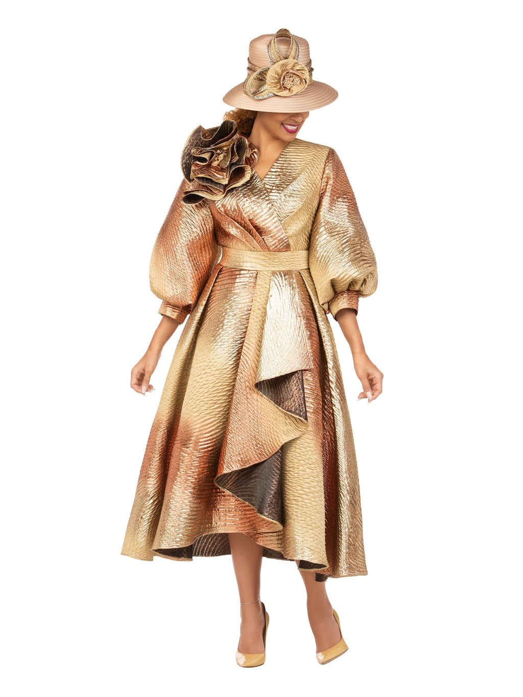 Giovanna Metallic Brocade Dress with Cascade Ruffle, Style D1679