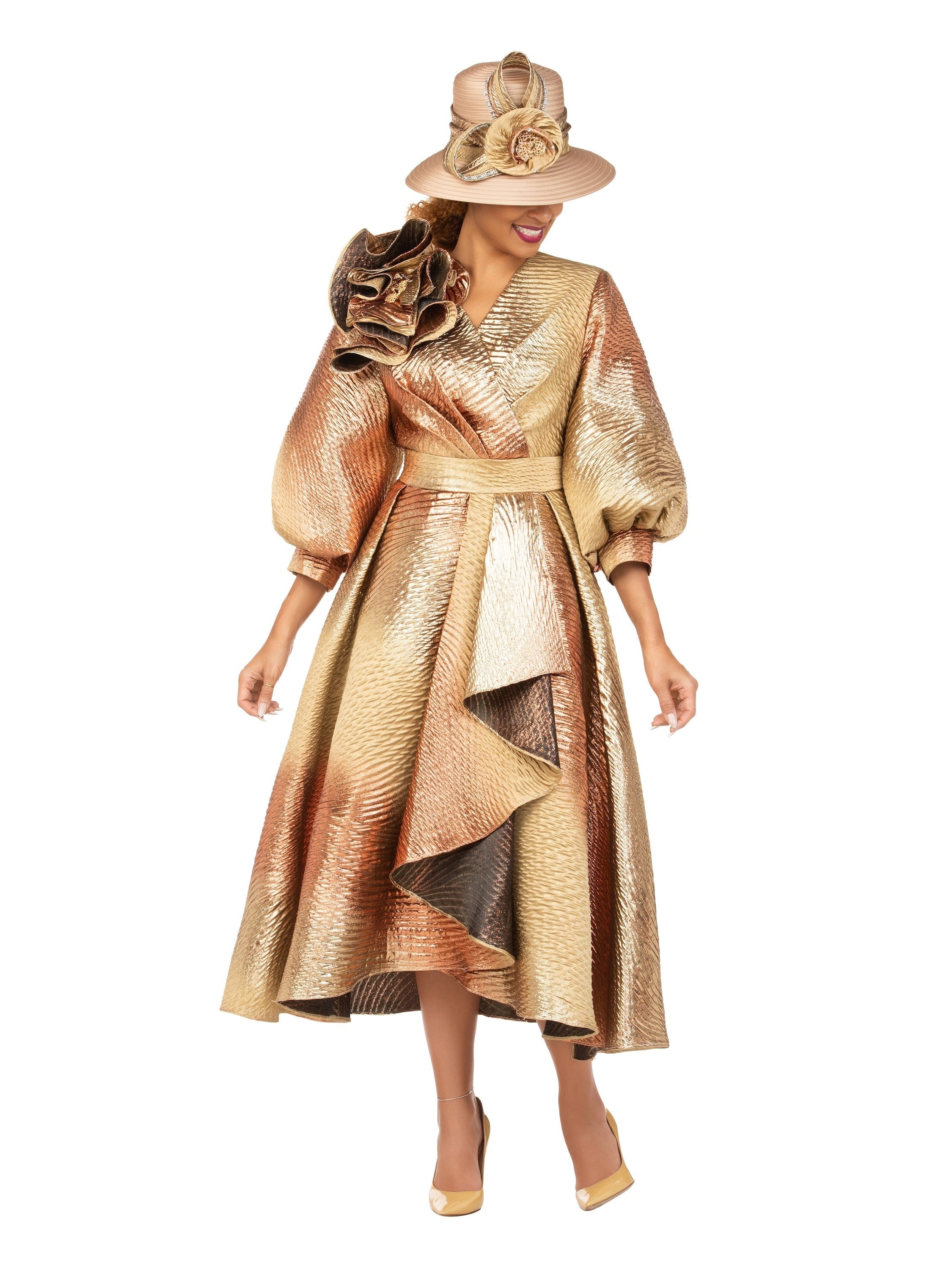 Giovanna Metallic Brocade Dress with Cascade Ruffle, Style D1679