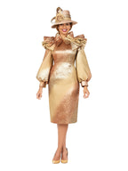 Giovanna Copper Metallic Brocade Ruffle-Shoulder Midi Dress, Style D1712