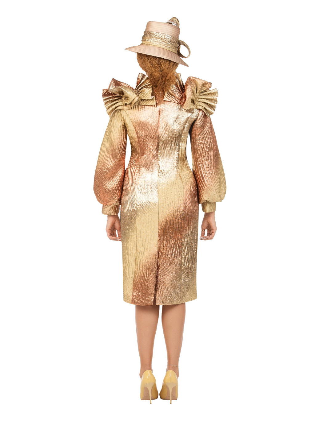 Giovanna Copper Metallic Brocade Ruffle-Shoulder Midi Dress, Style D1712