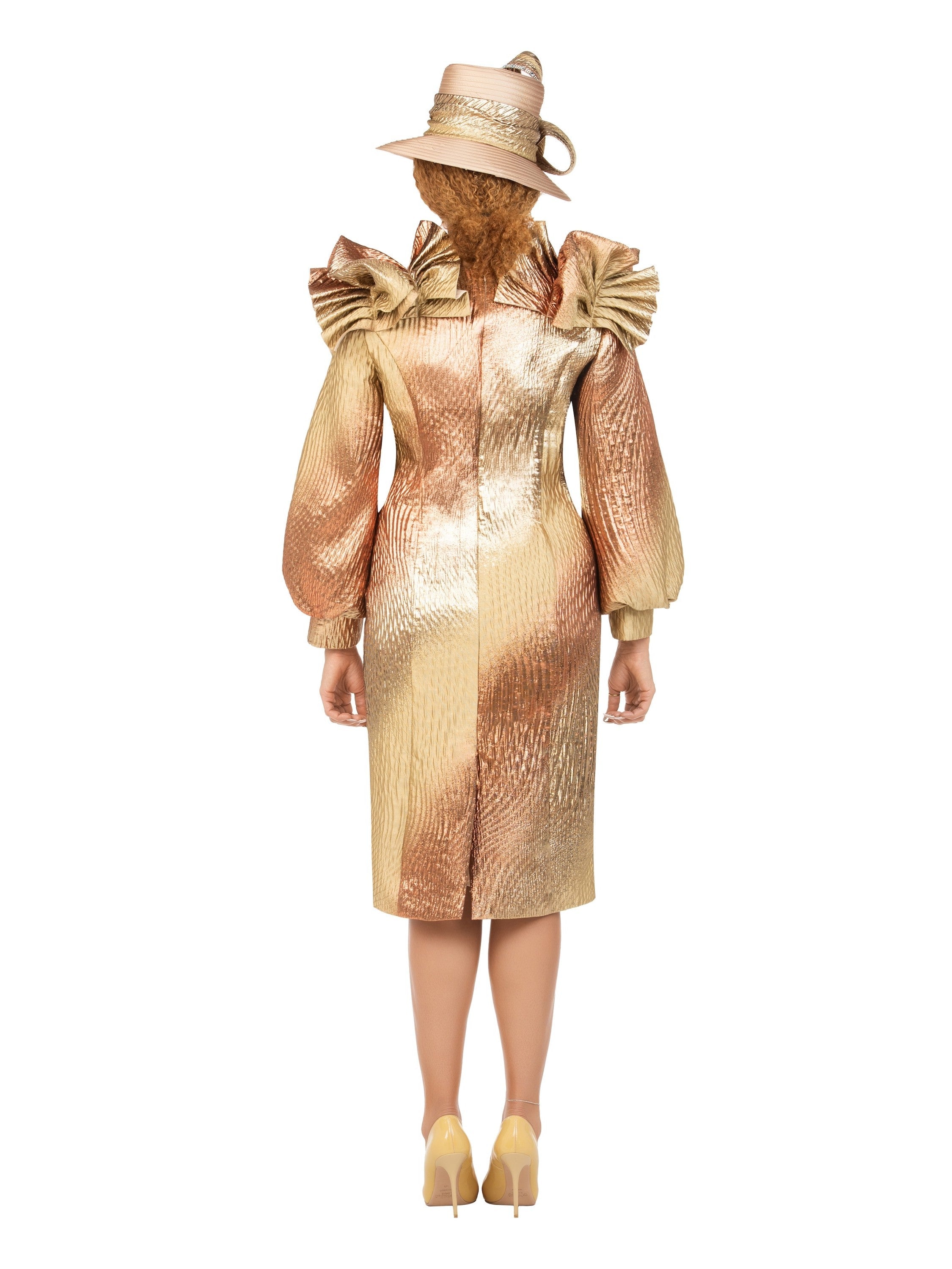 Giovanna Copper Metallic Brocade Ruffle-Shoulder Midi Dress, Style D1712