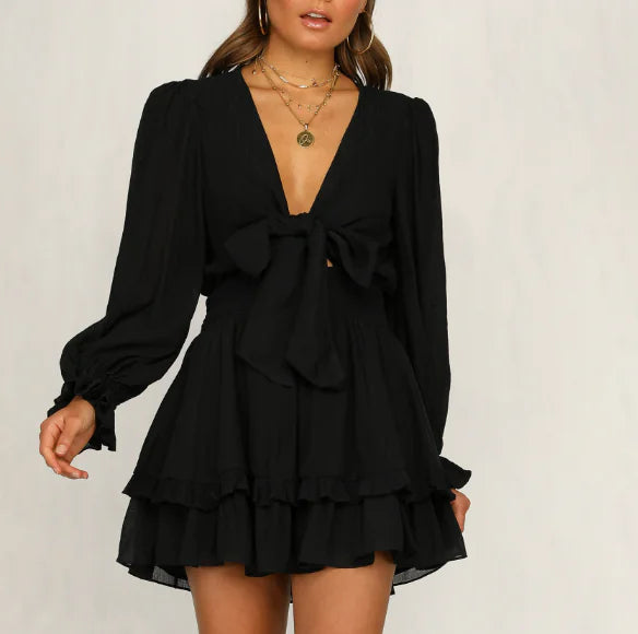 Ruffled Sleeve Cake Dress with Lace Trim
