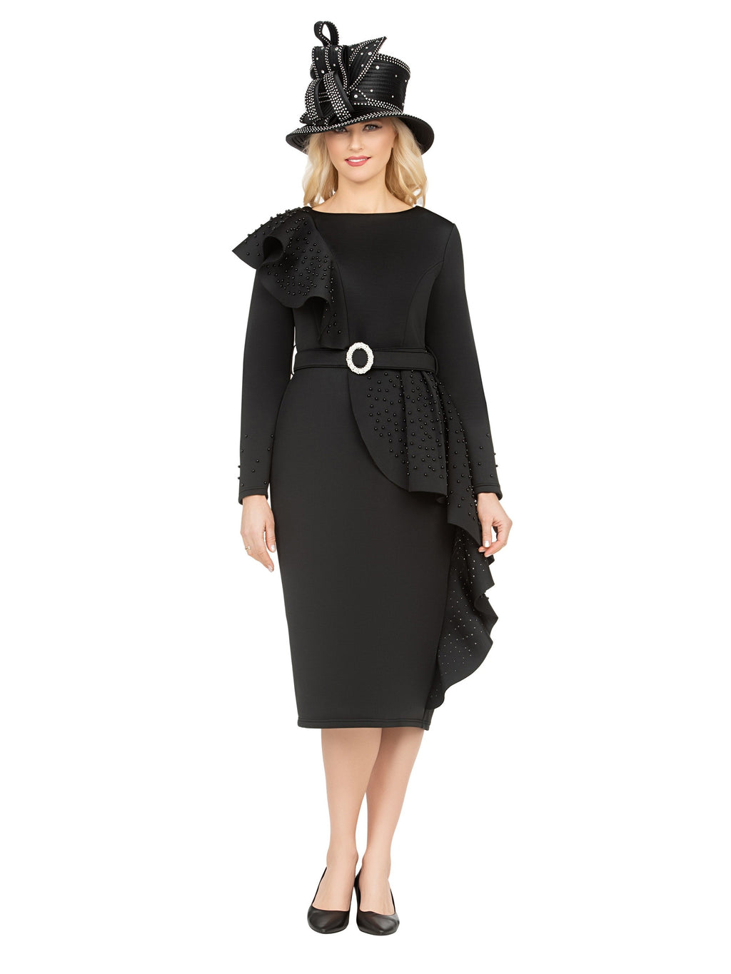 Giovanna Scuba Belted Shift Drs w/ Rfls and Faux Pearls, Style DP2420