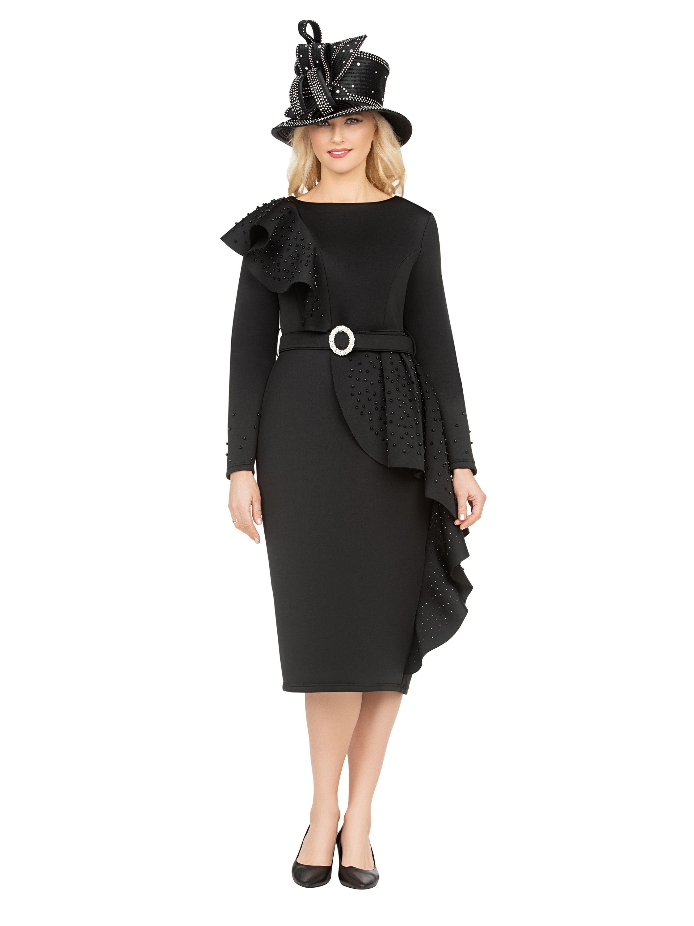 Giovanna Scuba Belted Shift Drs w/ Rfls and Faux Pearls, Style DP2420