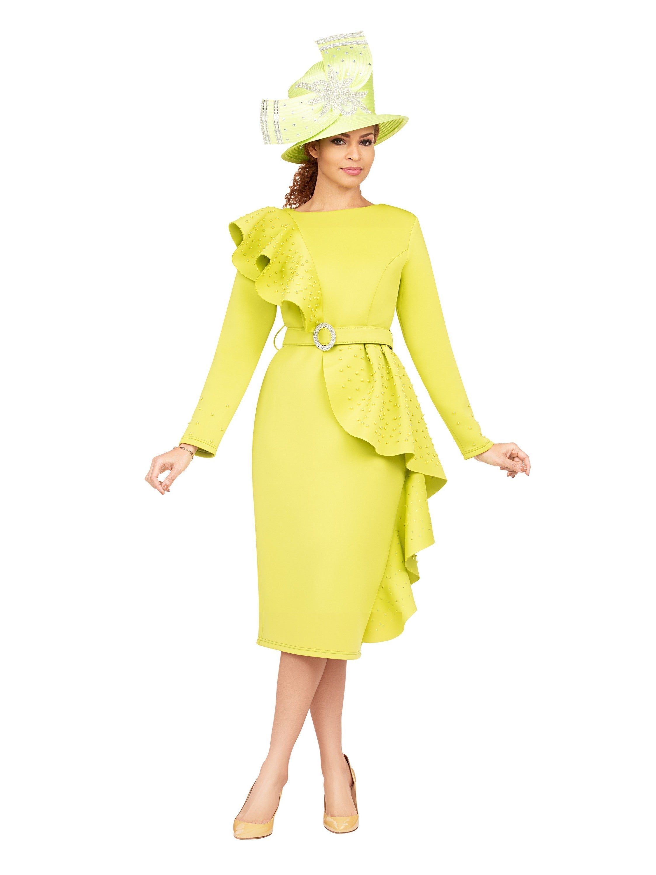 Giovanna Scuba Belted Shift Drs w/ Rfls and Faux Pearls, Style DP2420