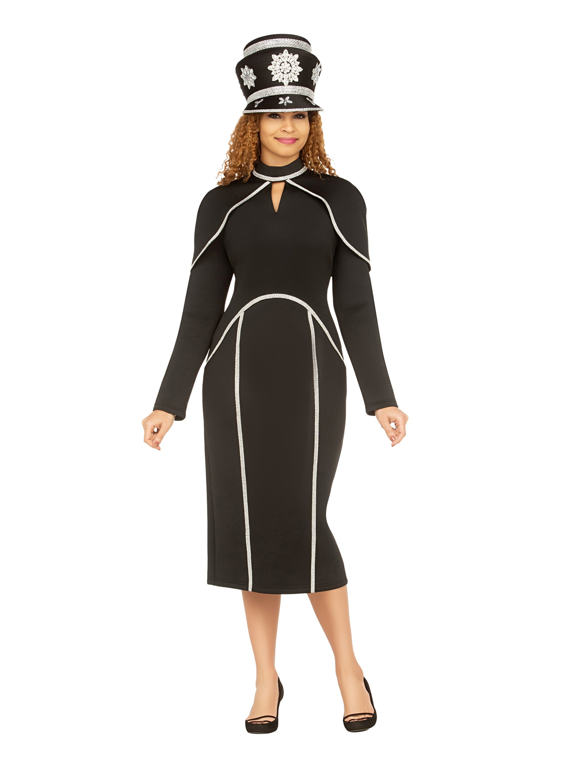 Giovanna Scuba Sheath Drs w/ Faux Cape and Stoned Strips, Style DP2421