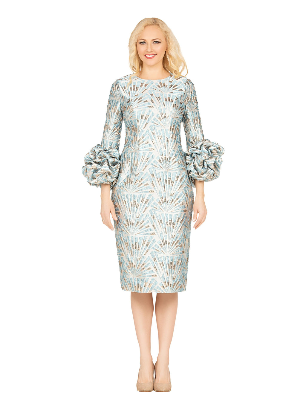 Giovanna Brocade Shift-kjole med overdrevne ballonærmer, stil DP2424