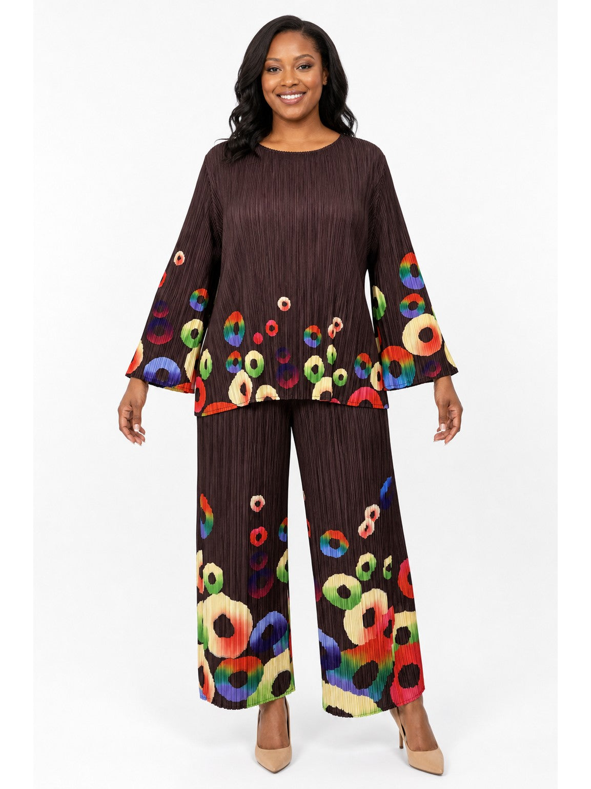 Giovanna Pleated Abstract Circle Print 2pc Pants Set, Style DP2467