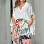 Fashion V-Neck Batwing Sleeve Wide Leg Set