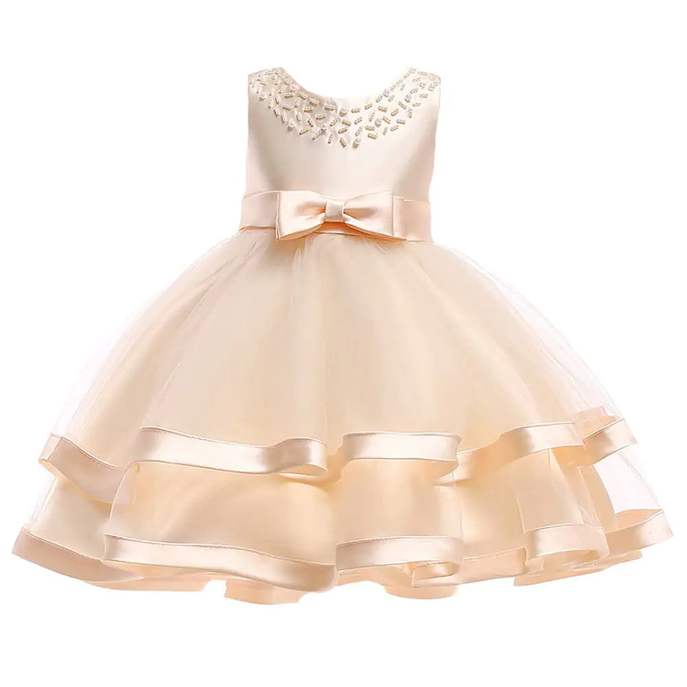 NSSMWTTC Princess Girls Bowknot Holiday Pageant Dresses Cute Sleeveless Prom Lace Tulle Toddler Birthday Party Dresses (5017 Champagne110)