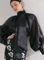 Fashion Sheer Bow Tie Puff Sleeve Shirt for Women