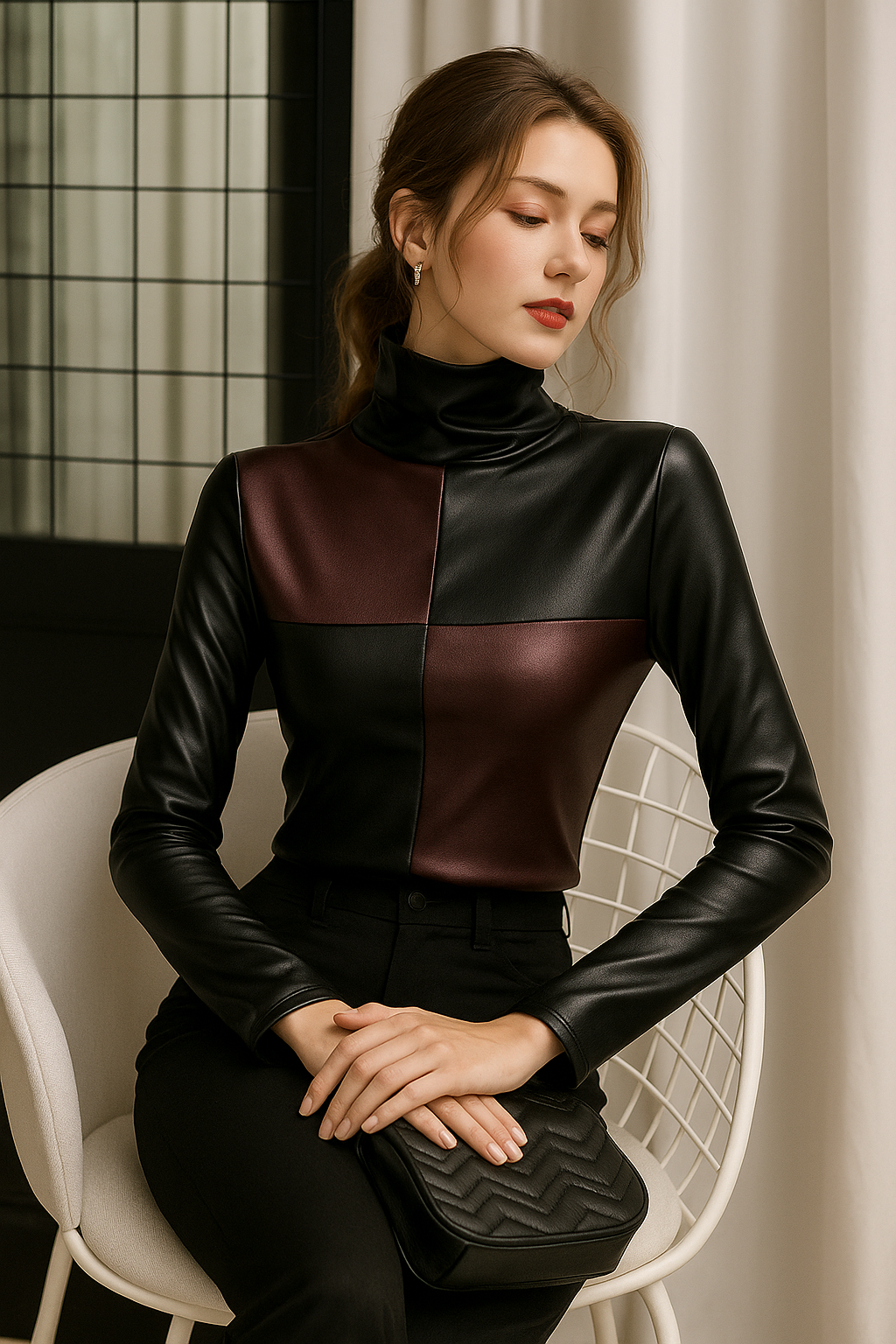 Autumn Winter Color Block Turtleneck Long Sleeve Top