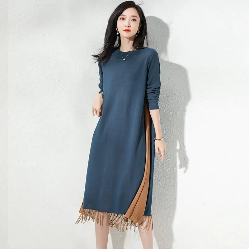 Loose Mid-length Knitted Dress with Tassels