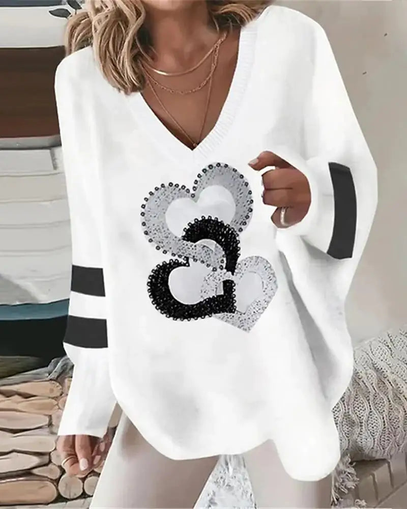 Loose V-neck Geometric Long-sleeved Sweater for Fall/Winter