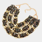 Tweed Fabric Metal Chain Link Triple Layered Bib Necklace