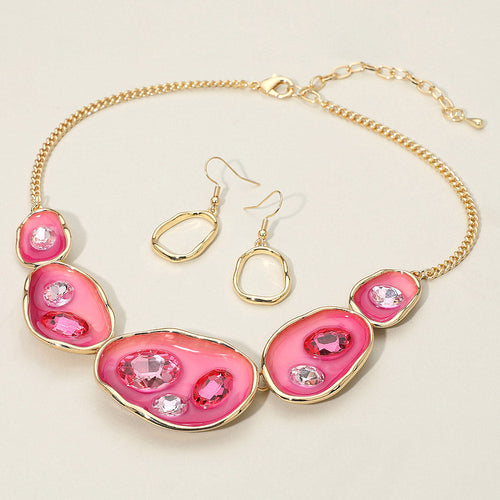 Abstract Gemstone Embellished Enamel Oval Plate Link Statement Necklace