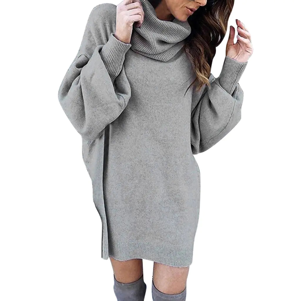 Autumn Warm Knitted Sweater Dress with Turtleneck