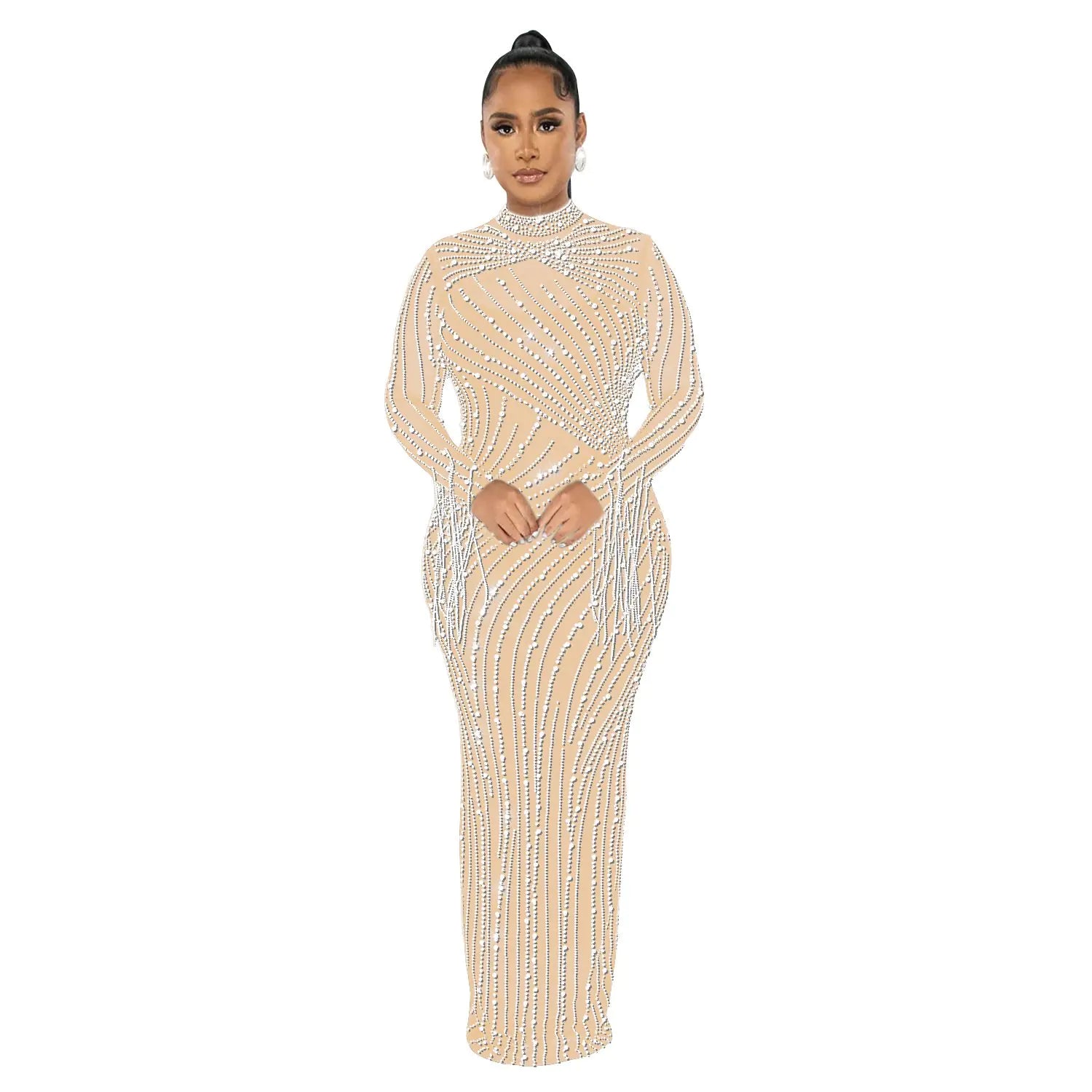 Women's Rhinestone Long Sleeve Mesh Dress Set
