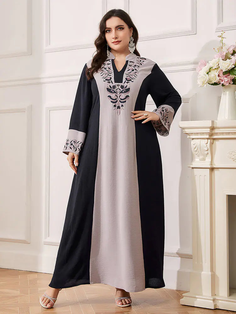 Plus Size Color Block Women's Robe Dress with Embroidery