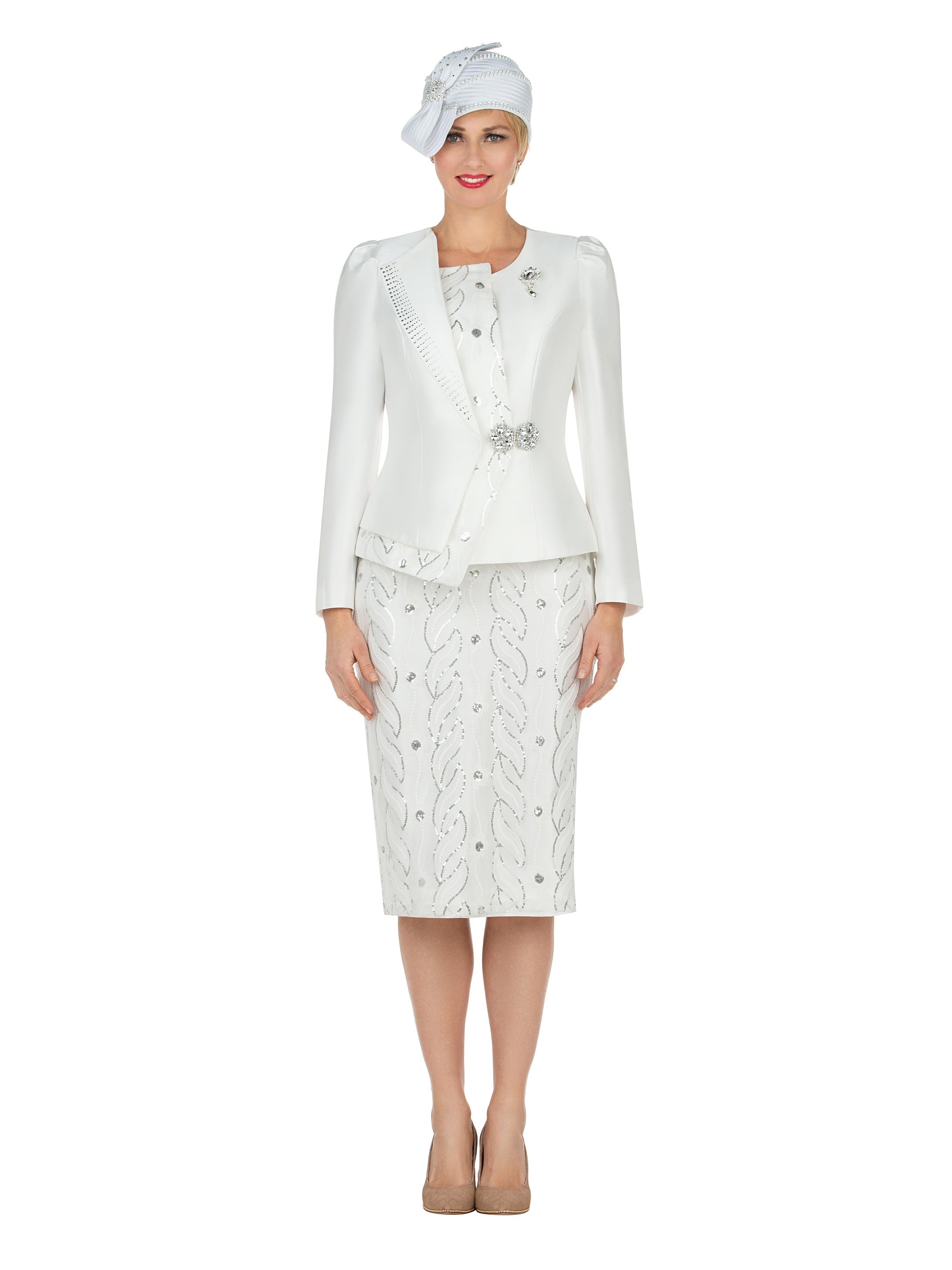 2pc Silky Twill Jkt + Sequined Lace Skirt Suit