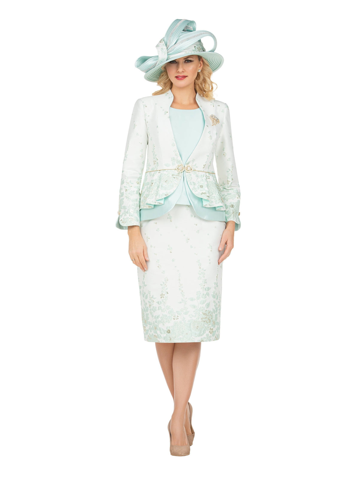 Giovanna 3pc Floral Print Brocade Peplum Jkt Skt Suit-Plus, Style G1154W