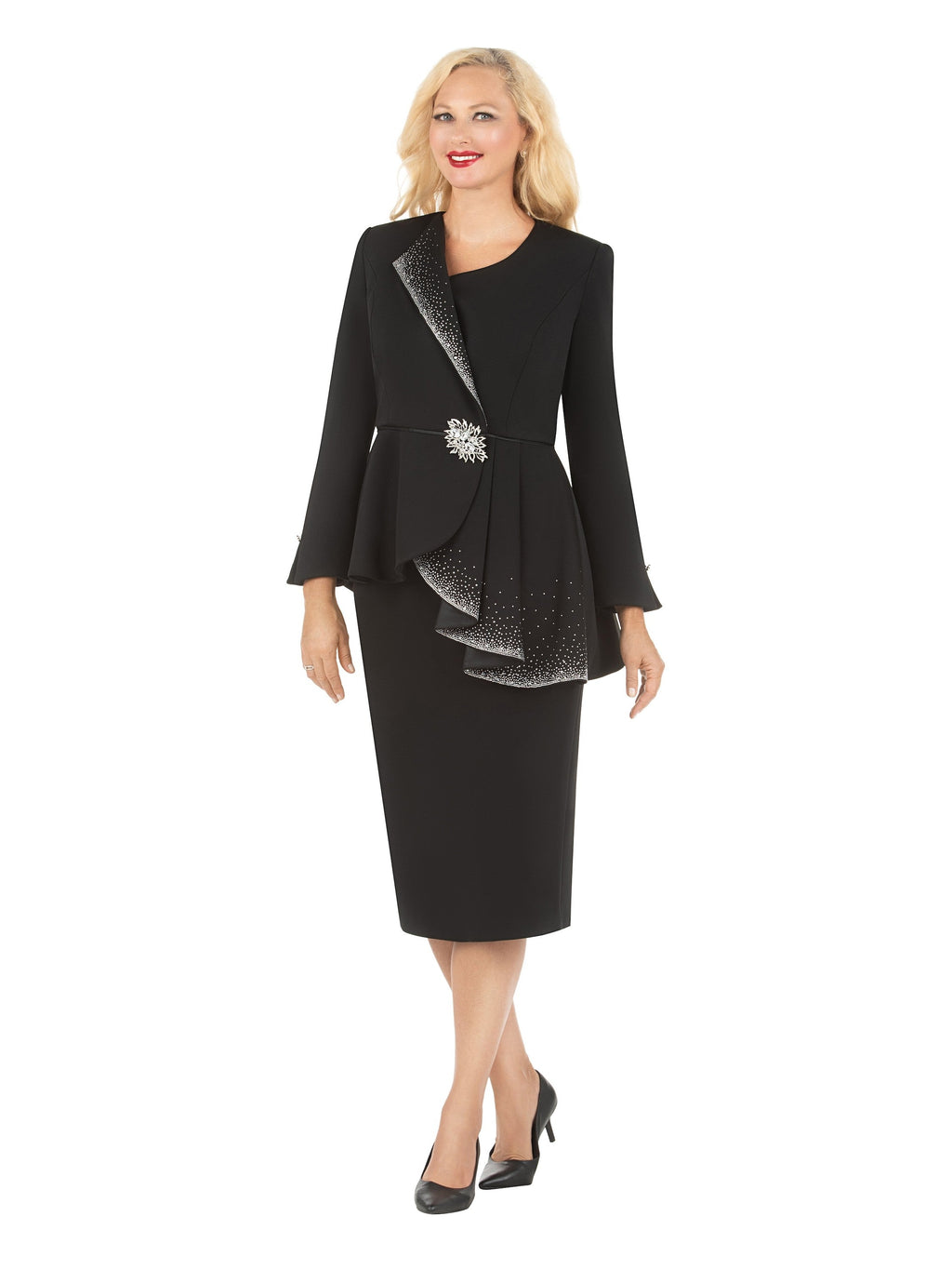 Giovanna 2pc Scuba Stoned Uneven Peplum Jkt+Skt Suit, Style G1183