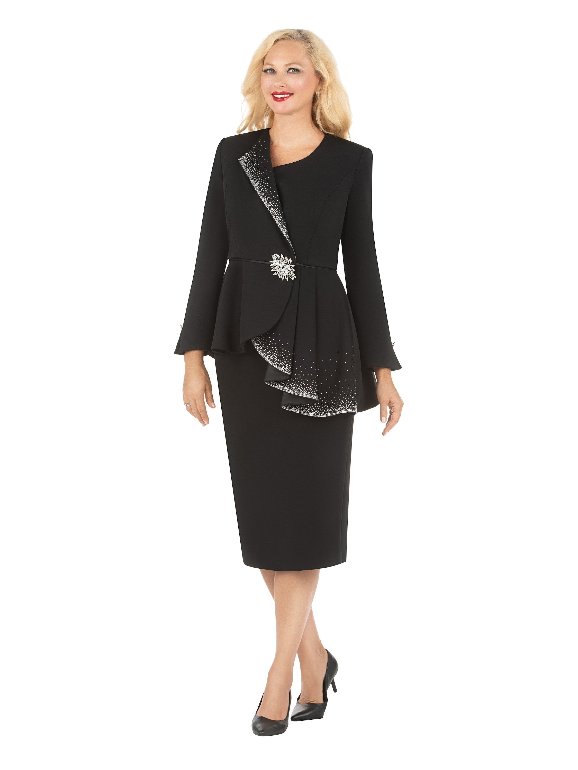 Giovanna 2pc Scuba Stoned Uneven Peplum Jkt+Skt Suit, Style G1183
