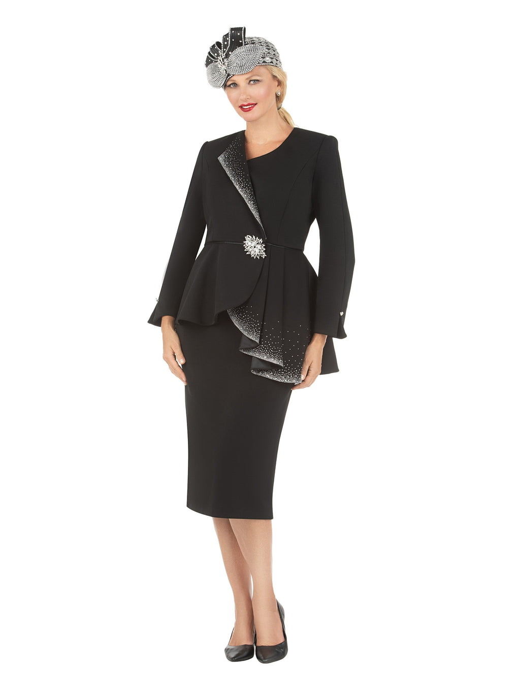 Giovanna 2pc Scuba Stoned Uneven Peplum Jkt+Skt Suit, Style G1183