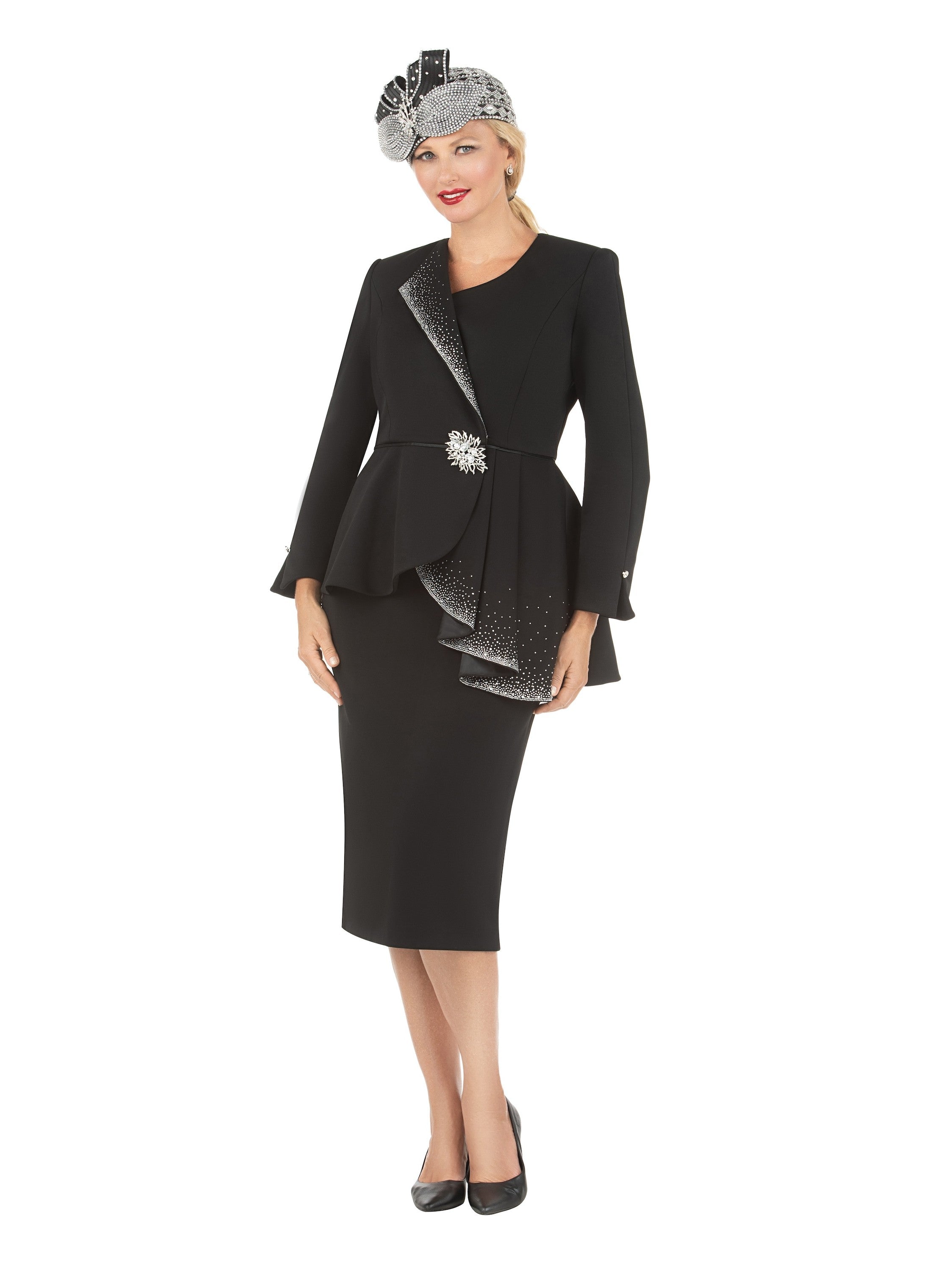 Giovanna 2pc Scuba Stoned Uneven Peplum Jkt+Skt Suit, Style G1183