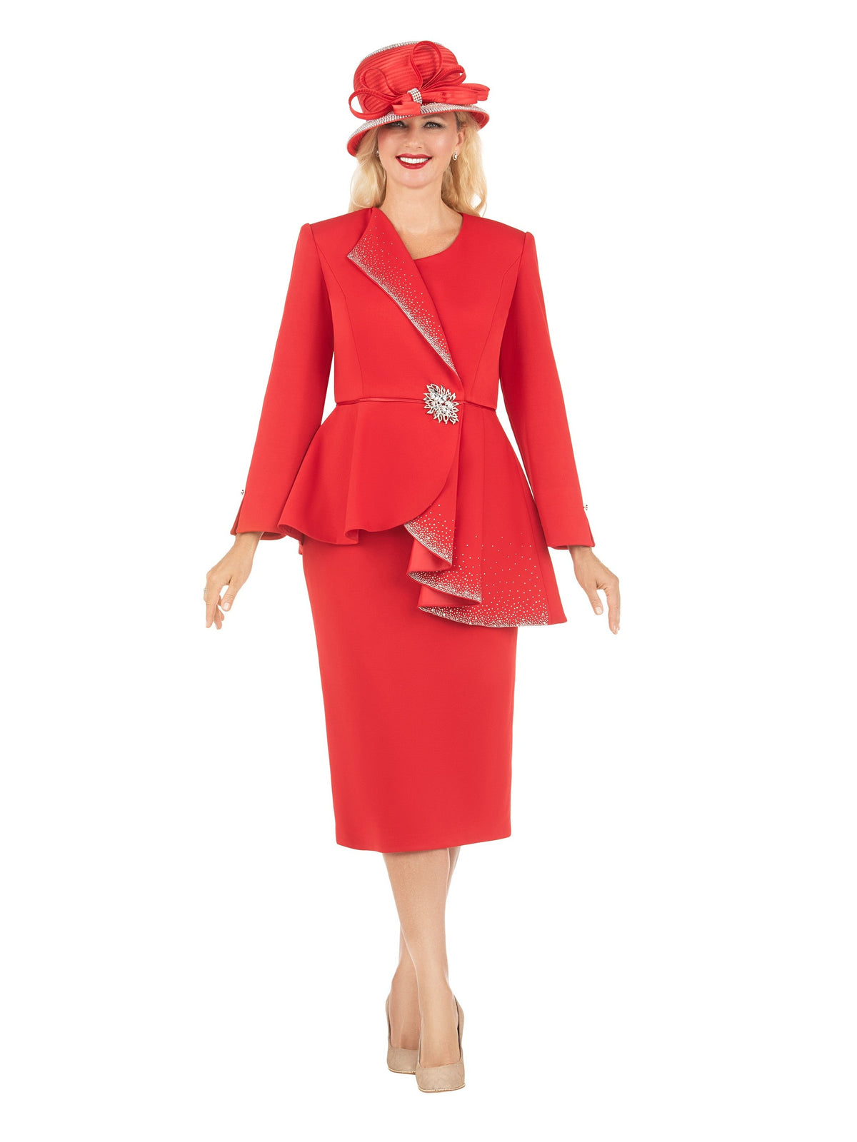 Giovanna 2pc Scuba Stoned Uneven Peplum Jkt+Skt Suit, Style G1183