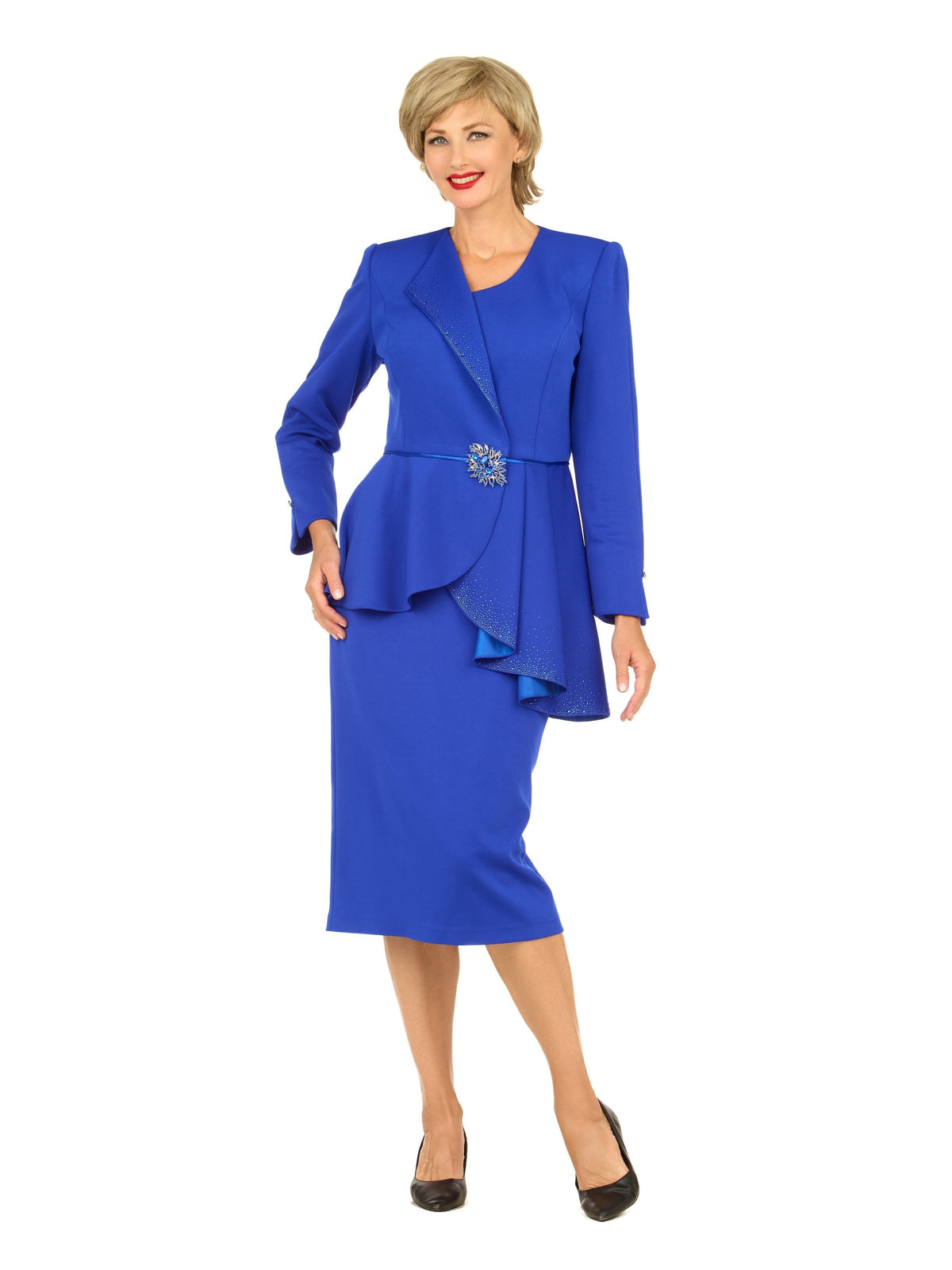 Giovanna 2pc Scuba Stoned Uneven Peplum Jkt+Skt Suit, Style G1183