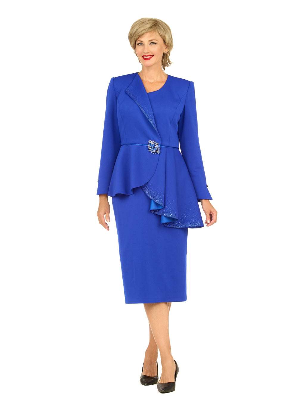 Giovanna 2pc Scuba Stoned Uneven Peplum Jkt+Skt Suit, Style G1183