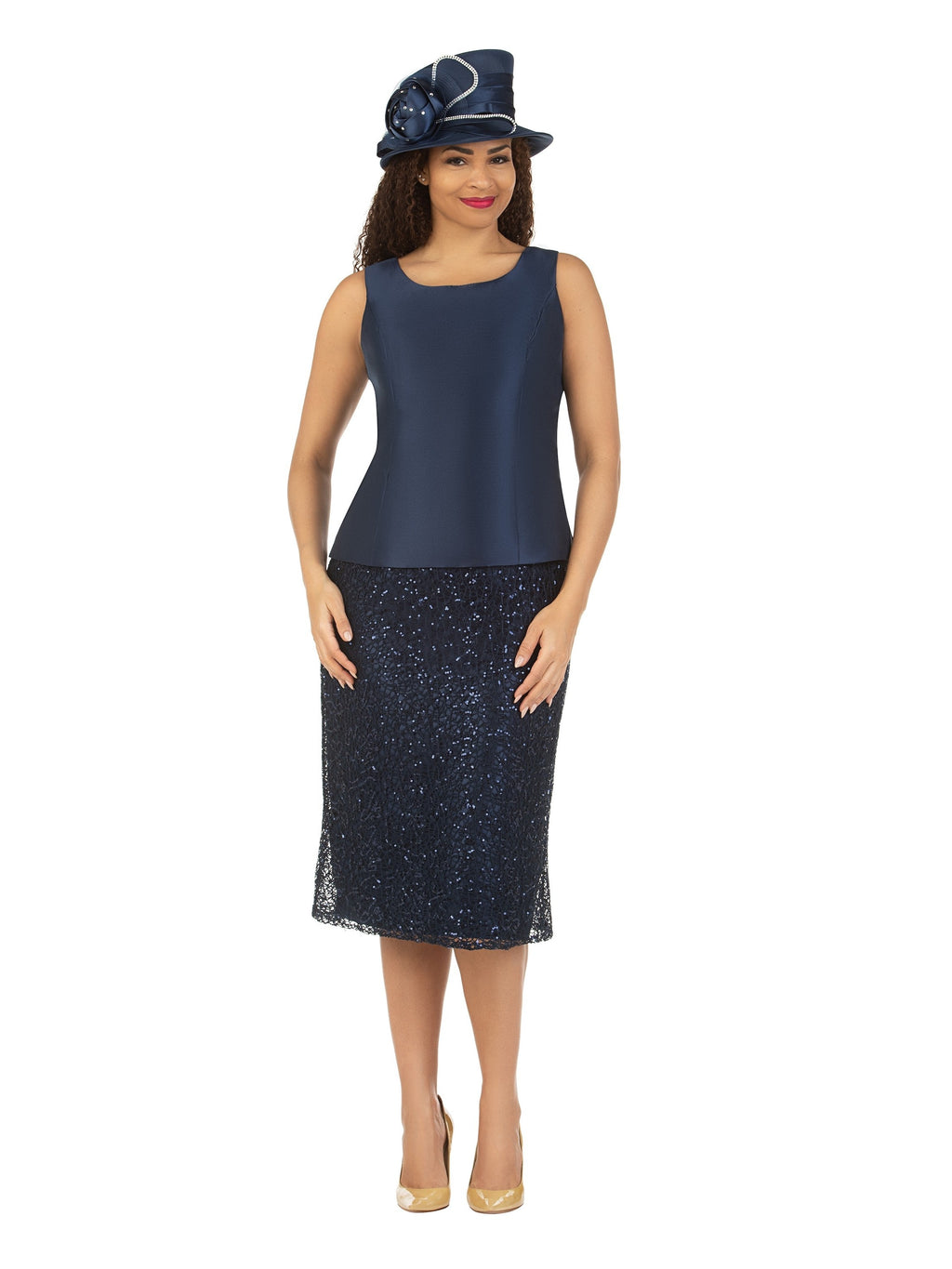 3pc Puff Slv Lace Combo Skirt Suit w/ Brooch