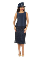 3pc Puff Slv Lace Combo Skirt Suit w/ Brooch