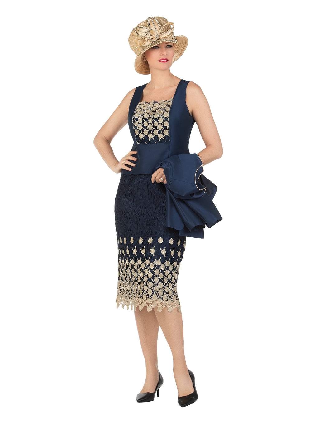3pc Silk Twill/Lace Combo Two-tone Skirt Suit