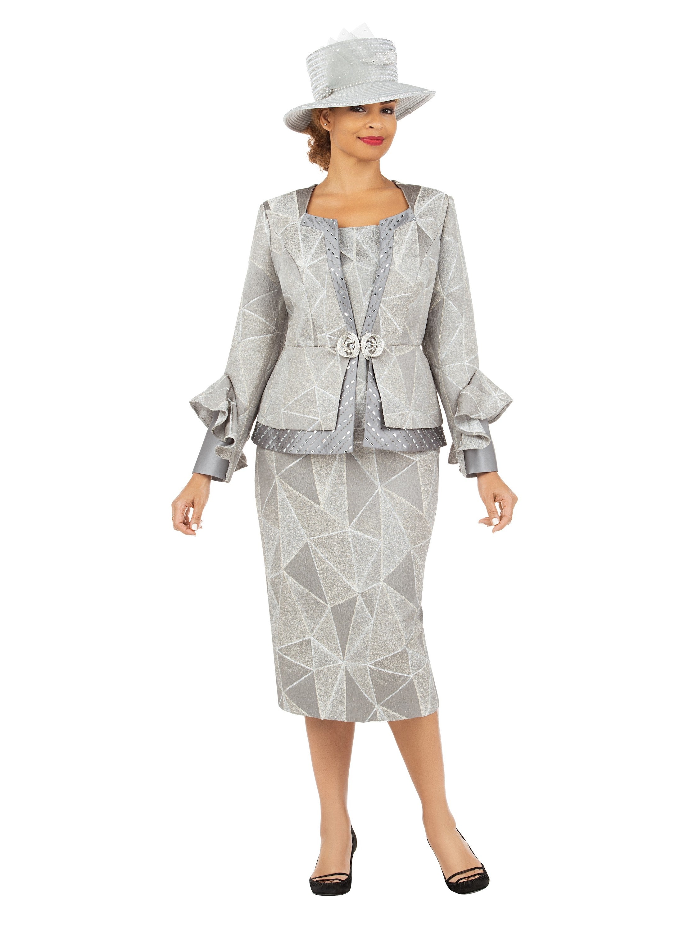 Giovanna 3pc Geometric Ptn Brcd Skt Suit w/ Stones, Style G1214