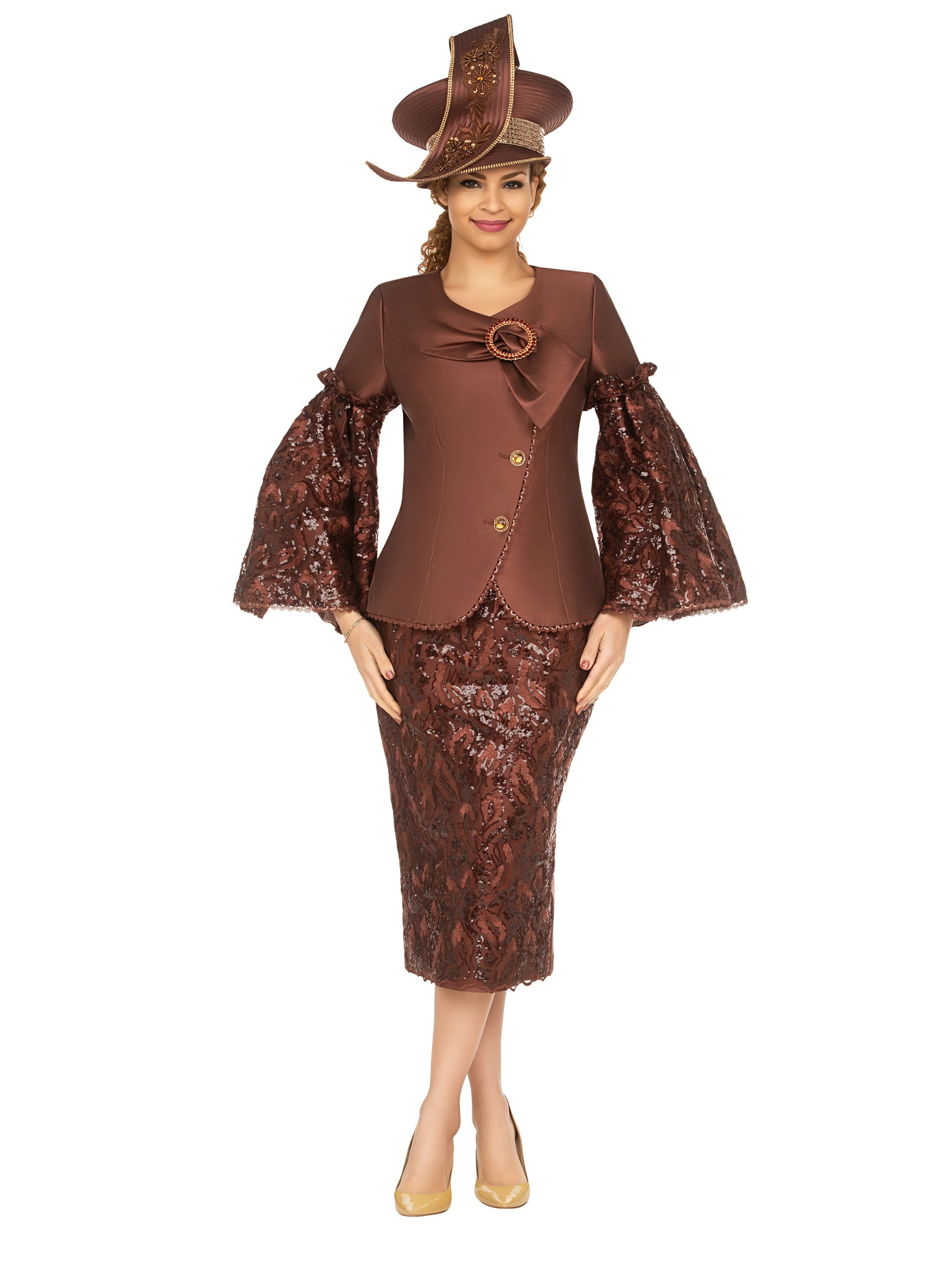 Giovanna 2pc Bell Slv Sequined Lace&Silky Twill Skirt Suit, Style G1304