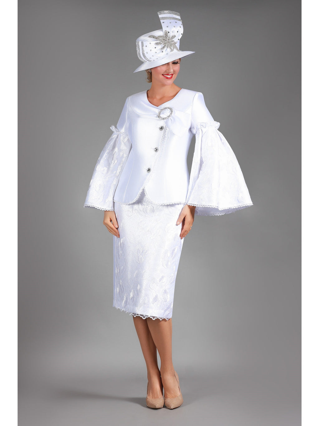 Giovanna 2pc Bell Slv Sequined Lace&Silky Twill Skirt Suit, Style G1304