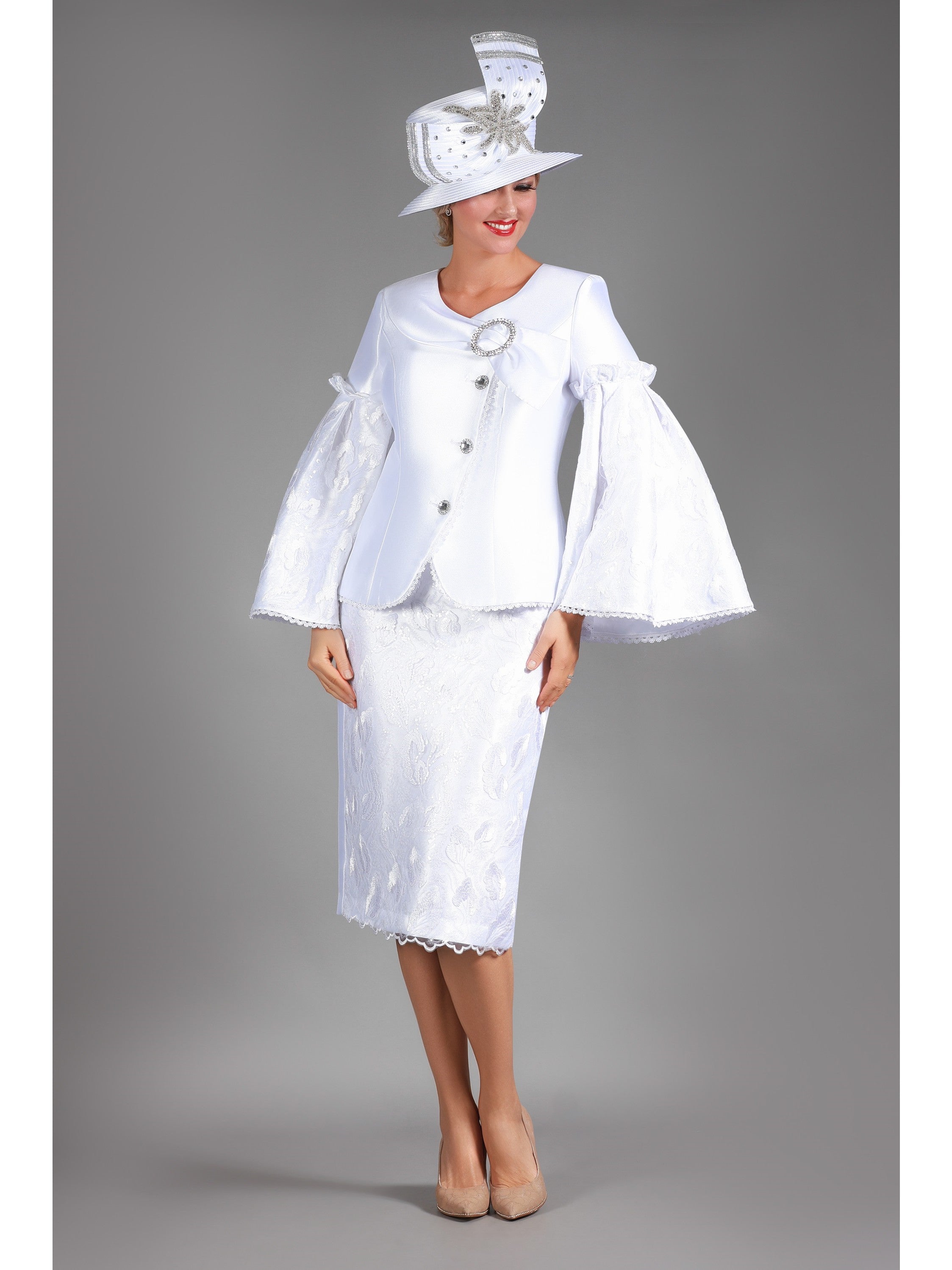 Giovanna 2pc Bell Slv Sequined Lace&Silky Twill Skirt Suit, Style G1304