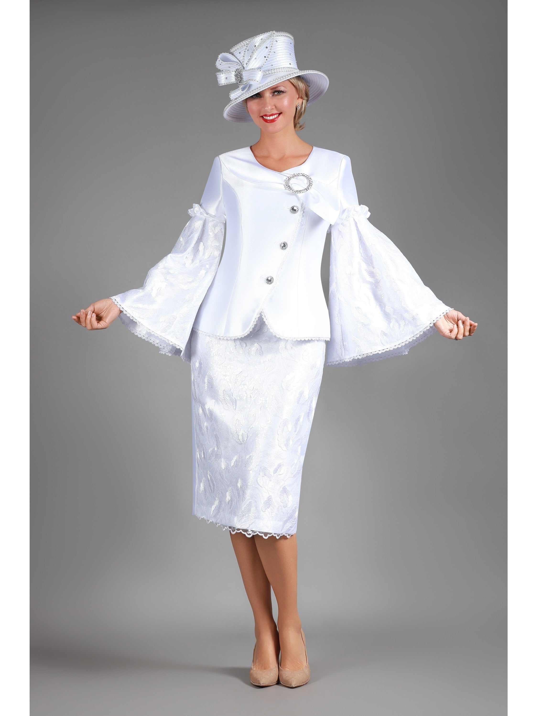 Giovanna 2pc Bell Slv Sequined Lace&Silky Twill Skirt Suit, Style G1304