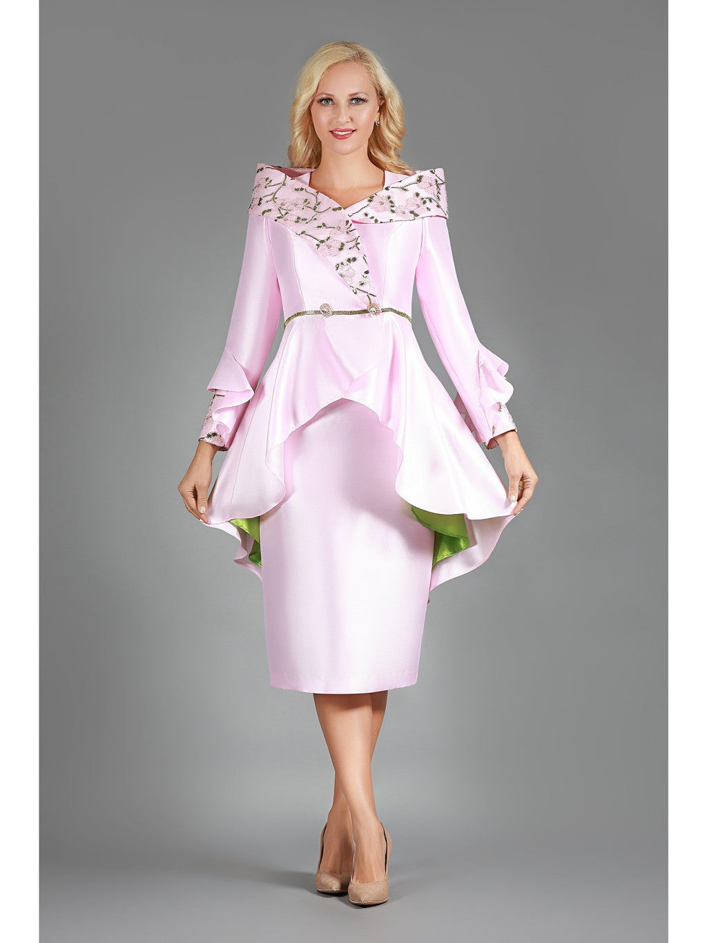 Giovanna 2pc Uneven Jkt Swp 2-tone Lace Trimmed Skirt Suit, Style G1305
