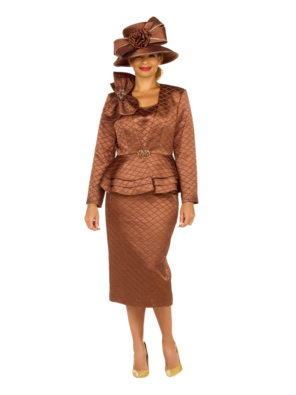 Giovanna 3pc Quilted Peplum Skirt Suit with Brooch, Style G1319