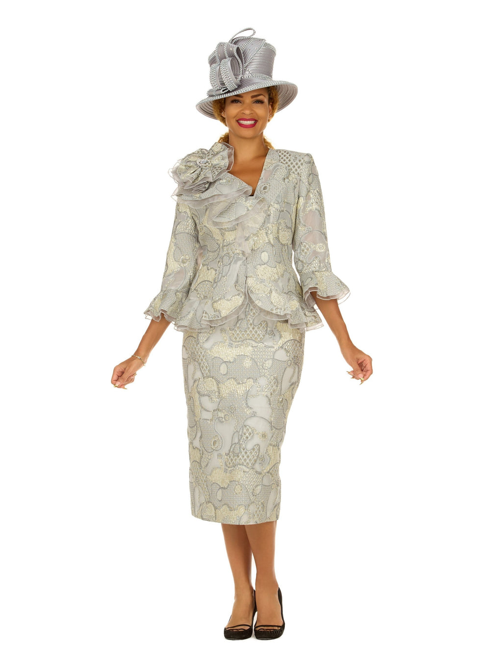 Giovanna Metallic Brocade 3pc Suit w/ Organza Ruffle Jkt, Style G1326