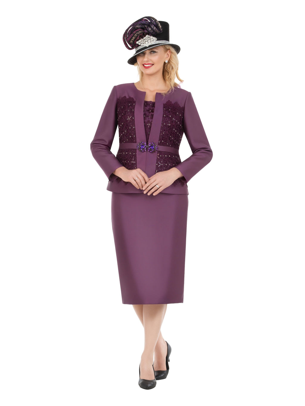 Embellished Lace & Silky Twill 3pc Skirt Suit-Plus