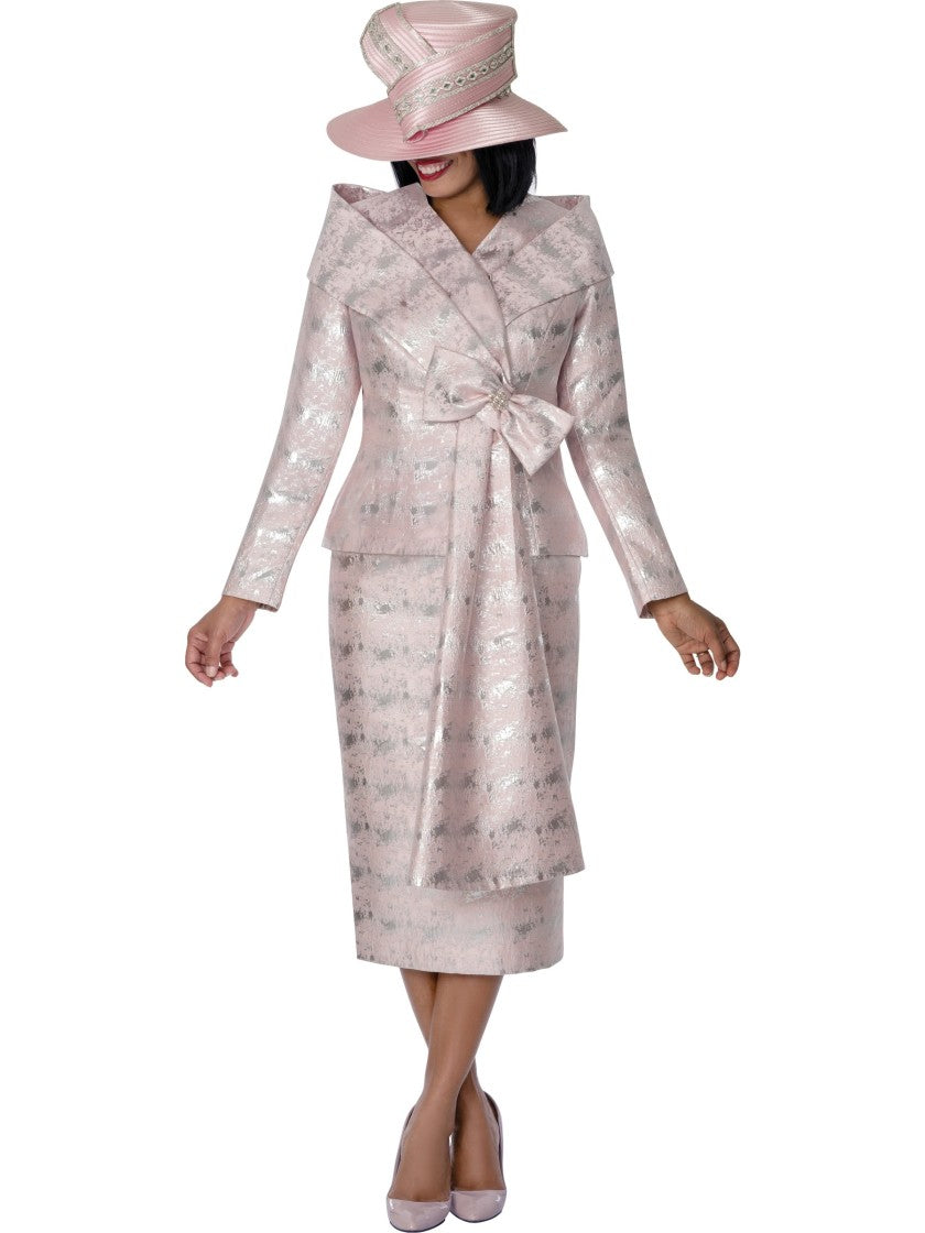 GMI Blush Pink Metallic Jacquard Bow-Tie Peplum 2-Piece Skirt Suit, Style G401722