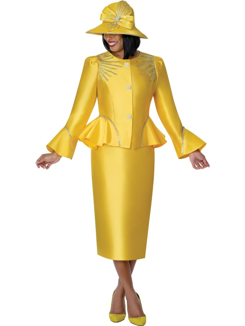 GMI Yellow Sunburst Embellished Peplum 2-Piece Skirt Suit, Style G401742